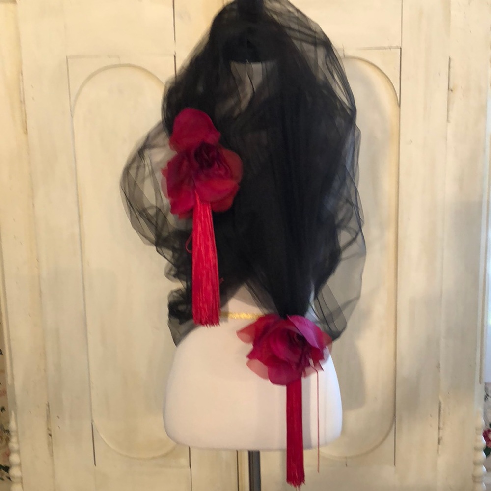 Black, Tulle Wrap & Red Silk Roses